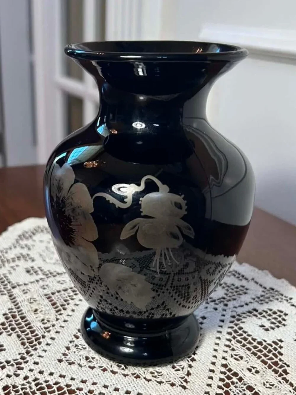 Vintage Fenton Black Amethyst Glass Vase - Silver Poppies Hand Painted Signed